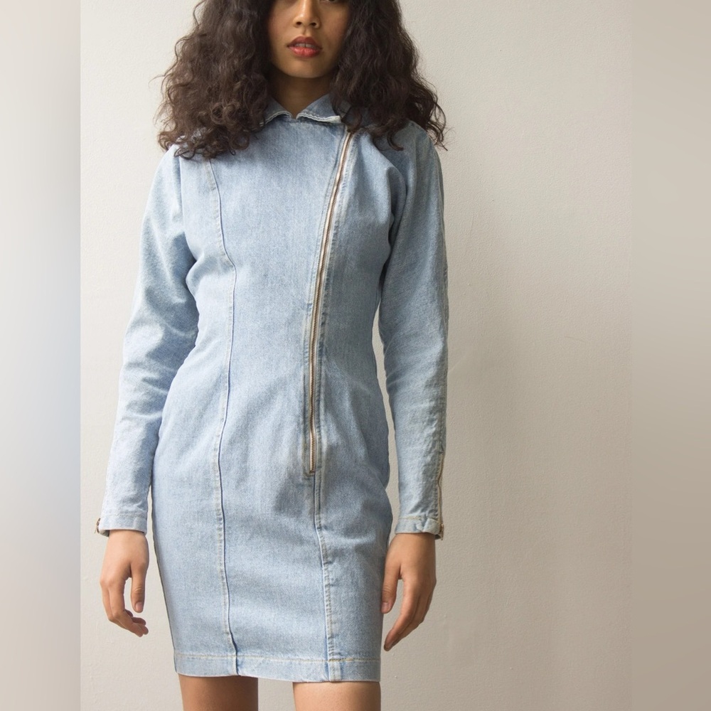 Vintage women’s dress 1980s‎ Light Denim Motorcycle Mini Dress USA made zip up